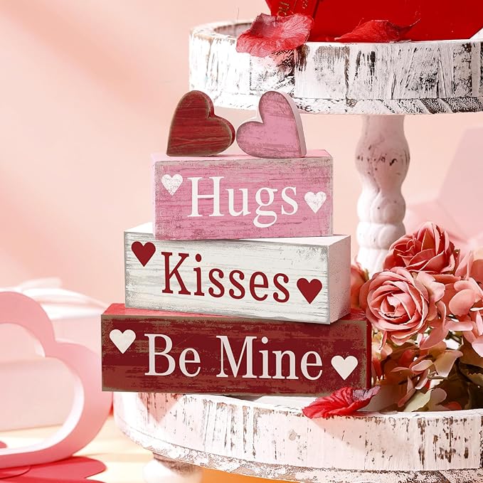 4 Pcs Valentine's Day Table Decorations Wooden Heart Valentine Tiered Tray Decor Valentine Day Centerpiece Rustic Decorative Heart Block Signs Gift Farmhouse Valentines Decor for Home Kitchen