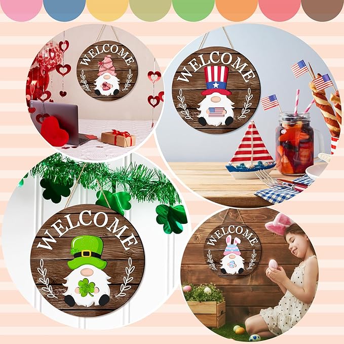 Seasonal Gnome Wall Decor Set, 11.8 inch Autumn Wooden Round Sign with Interchangeable Holiday Hats, Halloween Welcome Door Hanging (Brown-3)
