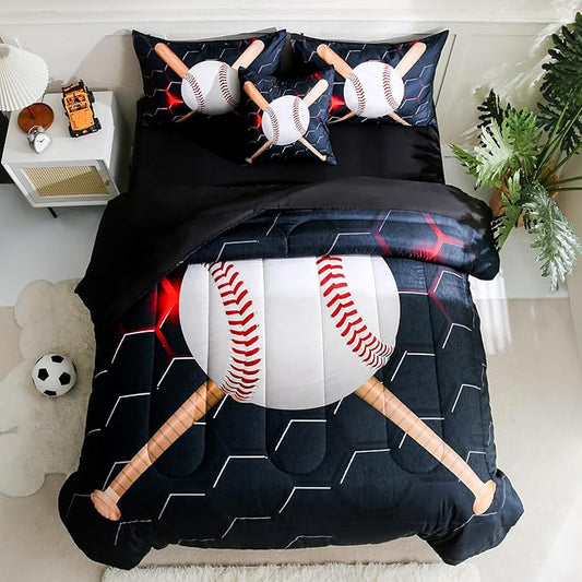 6pcs Baseball Twin Bedding Sets for Boys,Sports Black Twin Size Comforter Set with Sheets for Boys Kids Teens