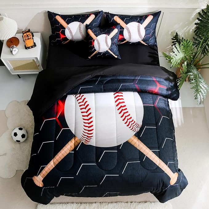 6pcs Baseball Full Bedding Sets for Boys,Sports Black Full Size Comforter Set with Sheets for Boys Kids Teens
