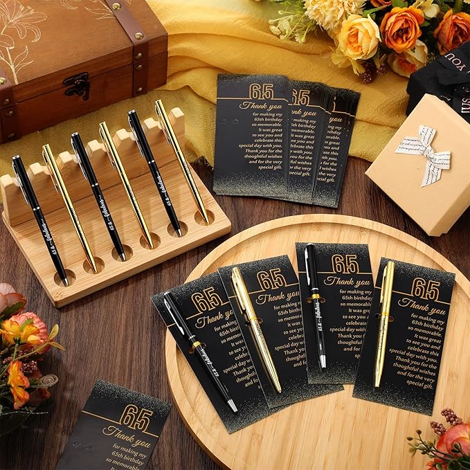 25 Sets 65th Birthday Party Favors for Guests with Black and Gold Birthday Ballpoint Pens and Glitter Thank You Cards for Women Men Anniversary Party Appreciation Gifts