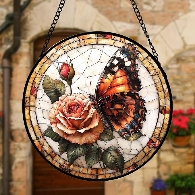 Stained Glass Window Hanging, Butterfly Picking Flowers Suncatcher for Doors Home Sun Catchers Decoration and Christmas, Mother's Day Birthday Gifts for Women, Men, and Mom 11.8x11.8 in