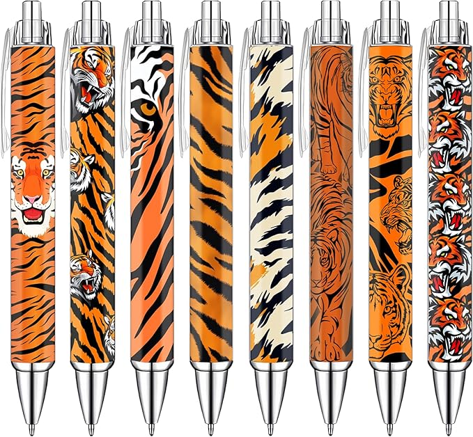 Idealmuzik Tiger Print Pens Set – Wild Animal Pattern Gel Pens for Kids, Teens, and Adults – Stylish Orange & Black Tiger Stripe Stationery for School, Office, Journaling, and Gift Giving, 8 Pack