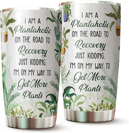 Plant Lover Stainless Steel Tumbler, 20 oz, Insulated, with Sliding Lid - Gifts for Gardeners, Plantaholic, Cactus Coffee Cup, Holiday Theme