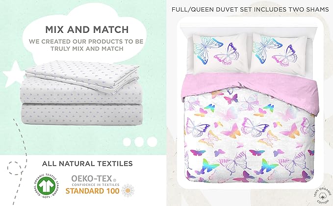 Saturday Park Ombre Butterflies Full/Queen Duvet Cover & Sham Set - 3 Piece 100% Organic Cotton Duvet Set - GOTS & Oeko-TEX Certified