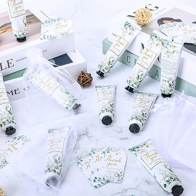 50 Sets Greenery Baby Shower Hand Cream Bulk Gifts, Wedding Bridal, Baby Shower Valentine's Party Favors for Guests,Travel Size, Hand Lotion Set with Thank You Card and Organza Gift Bags(greenery)