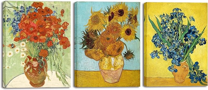 Wieco Art 3 Panels Canvas Prints of Vincent Van Gogh Paintings Reproduction Red Poppies and Daisies Sunflower Irises in Vase Canvas Wall Art for Living Room Home Office Decor
