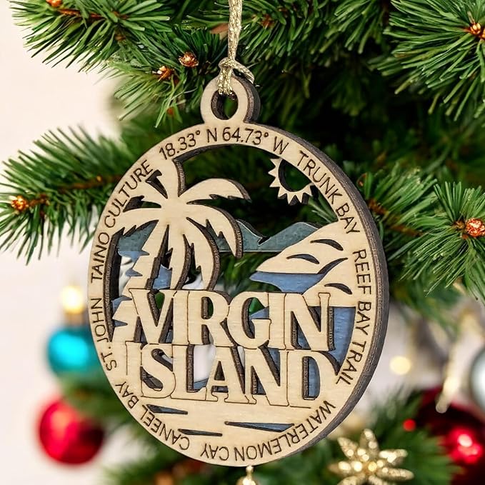 Virgin Islands National Park Handcrafted Ornament - 3" Wood Laser Cut St. John Scene - Trunk Bay, Reef Bay Trail, Watermelon Cay - USA Made Christmas Decor