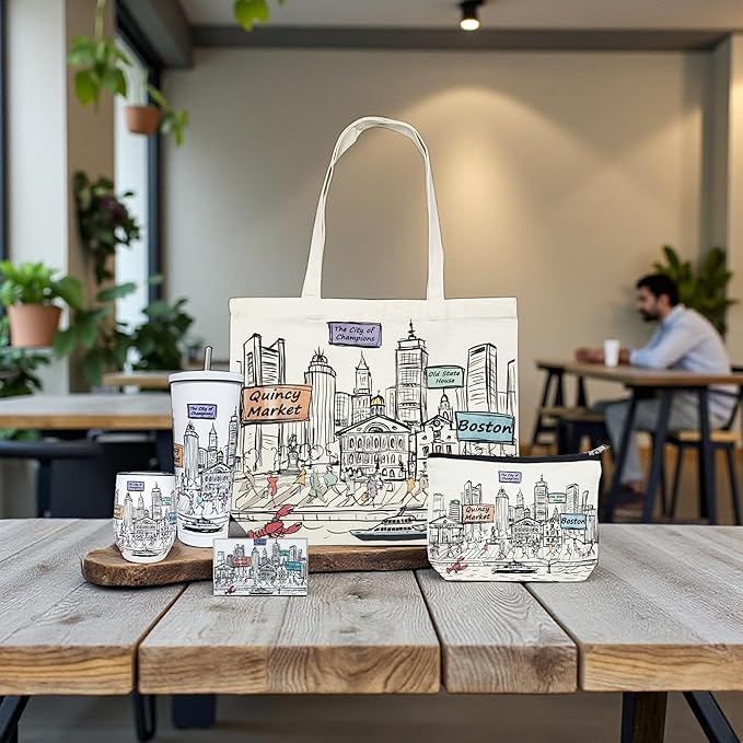 Cities Around the World Artwork Cosmetic Bag Series – Designed in USA, Travel Makeup Bag with Zipper, Souvenir Gift for Women, Artwork Organizer for Purse or Toiletry (Boston)