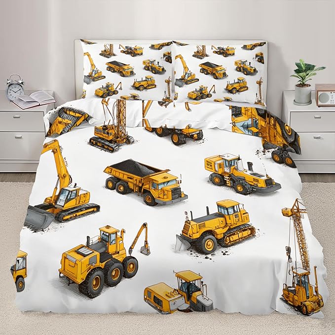 Construction Vehicles Duvet Cover King Size Tractor Excavator Dump Truck Bedding Set Boys’ Construction Vehicle Comforter Set Cartoon Mechanical Car Comforter Cover With Zipper Ties for Bedroom