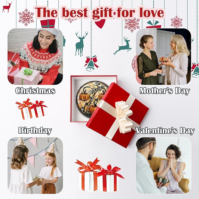 Stained Glass Window Hanging - Halloween Decoration Orange Pumpkin Vine Leaves Suncatcher for Door Garden Spooky Sun Catchers Gothic Decor Horror Gifts for Women Men Friend Boy Girl 9.8 in