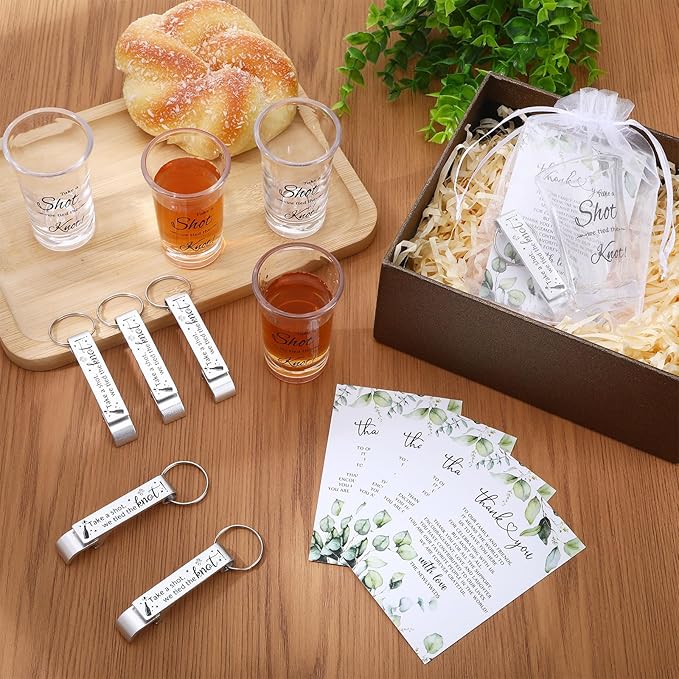 25 Set Wedding Favors for Guests Bulk,Acrylic Take a Shot We Tied the Knot Wedding Shot Glasses with Bottle Opener Thank You Cards and Organza Bags,Souvenirs for Guests