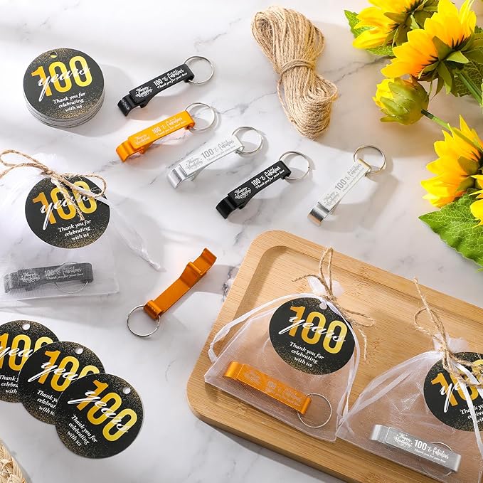 Dandat 54 Sets 100th Birthday Party Favors for Guests Birthday Beer Opener Keychain Cheers to 100 Bottle Opener Keychain with Thank You Cards and Gift Bags for Anniversary Wedding Party Favors