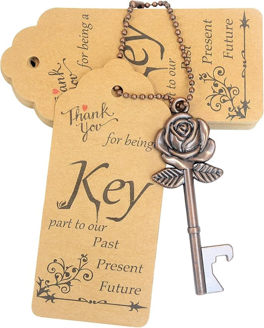 Aokbean 100 PCS Wedding Favors Rose Key Bottle Opener for Bulk Wedding Guests Gifts Vintage Skeleton Key Opener with Escort Tag Cards and Keychain (Copper)