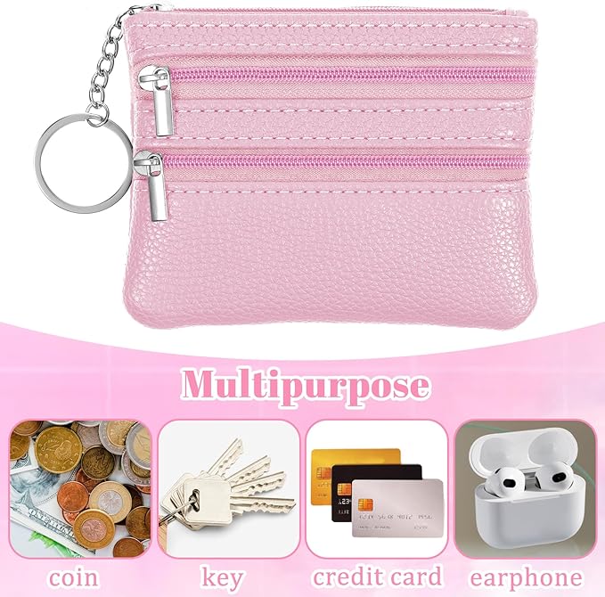 3 PCS Coin Purse Pouch Change Card Holder Wallet Mini Zipper Pouch with Keychain for Women and Men (Black, Blue, Pink)