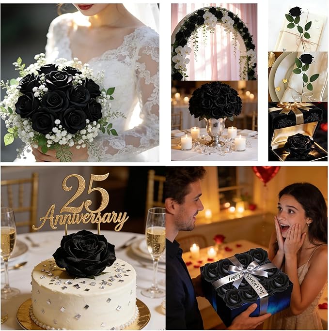Roses Artificial Flowers, Black Flowers with Stem Valentine Anniversary Sympathy Memorial Gift, Fake Silk Roses Indoor Outdoor Decor for Funeral Wedding Birthday Party Christmas Halloween(24, Black)
