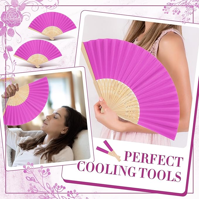 Yinkin 24 Pack Folding Fans Bamboo Handheld Folded Craft Hand Japanese Chinese Fans for Weddings Bridal Dancing Church DIY Decoration Women Gift Party Favors (Rose Red)