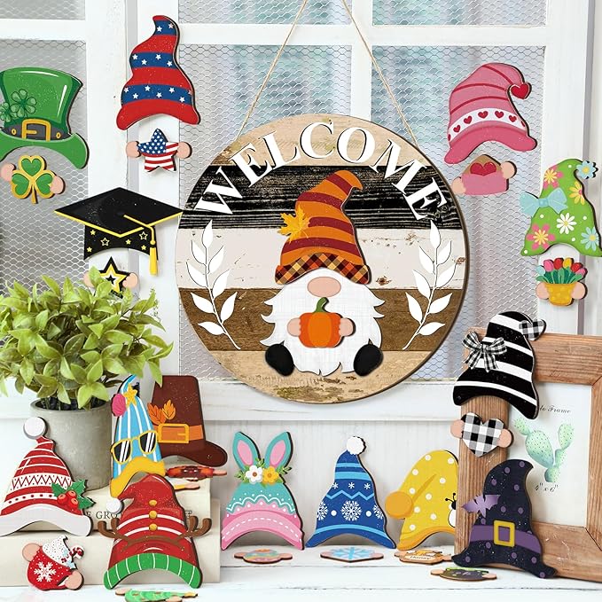 Qunclay Interchangeable Wooden Gnome Decor Holiday Seasonal Gnome Decorations with Magnet Pieces and Detachable Hats Changeable Welcome Sign for Home(Black White Grey)