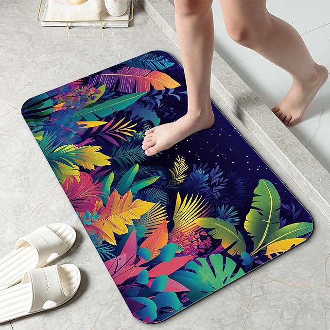Tropical Colorful Leaves Bathroom Rug 29.5"x17", Super Absorbent Fast Drying Bath Mat with Non-Slip Rubber Backing, Thin Low-Profile Easy-Clean Bathroom Floor Mat for Shower or Tub