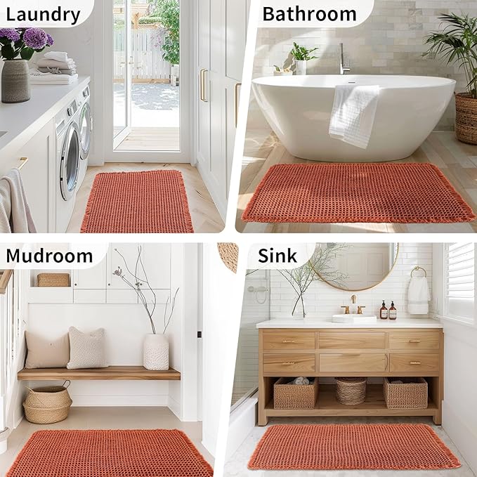 Waffle Bath Mat - Boho Bathroom Rugs Non Slip Washable, Super Absorbent & Quick Dry, Soft Bath Mat Farmhouse Bathroom Decor, 20'' x 48'', Dirty Orange