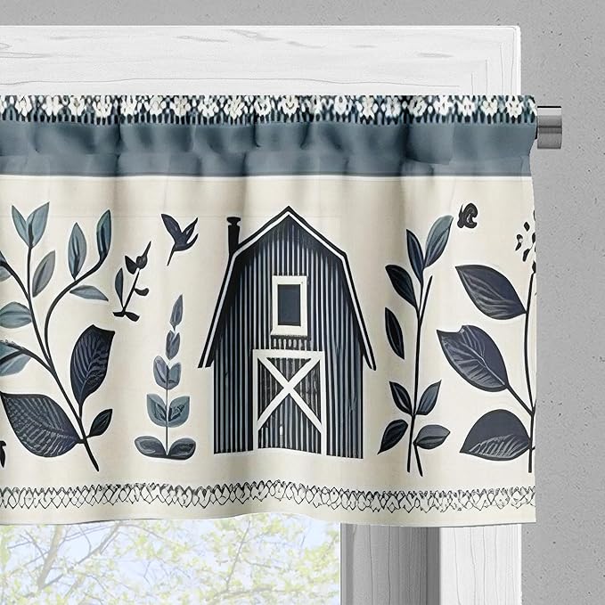 Ambesonne Farmhouse Window Valance, Monochrome Design of Leafy Cottagecore Barn Pattern Country Vibe, Curtain Valance for Kitchen Bedroom Decor with Rod Pocket, 54" X 18", Blue Grey and Off White