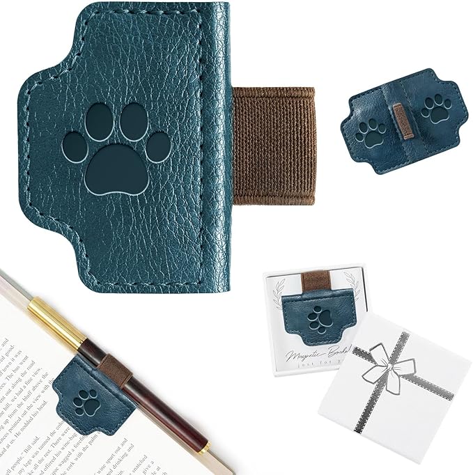 BygoneMark Magnetic Leather Bookmark with Pen Holder, Personalized Custom Initial Page Marker & Pen Clip, Professional Book Accessory for Students (Blue-Cat)