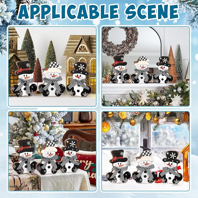 3 Pcs Christmas Wood Centerpieces for Tables Wooden Snowman Table Decor Rustic Merry Xmas Tabletop Signs Block Winter Desktop Decorations Indoor Tiered Tray Office Desk Shelf Home Mantel Holiday Party
