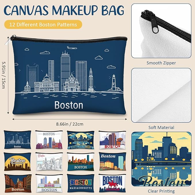 Reginary 12 Pcs City Souvenir Gifts Texas State Gifts Chicago City Souvenirs California Makeup Bag Paris San Francisco Alaska Zippered Cosmetic Bag for Women Traveler Souvenirs (Boston)