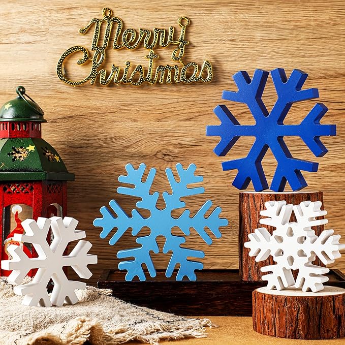 Blulu 4 Pcs Winter Wooden Snowflakes Decor Tabletop Decorations Christmas Snowflake Signs Winter Wooden Xmas Standing Table Sign Christmas Fireplace Decoration for Party Birthday(White and Blue)