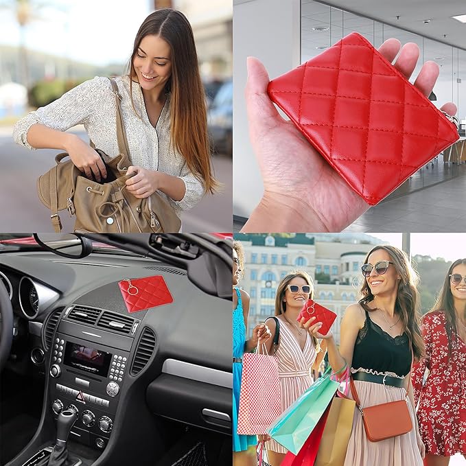 Real Leather Coin Purse with Rhombus Embroidery Zipper Keychain Mini Wallet for Women & Men (Red)