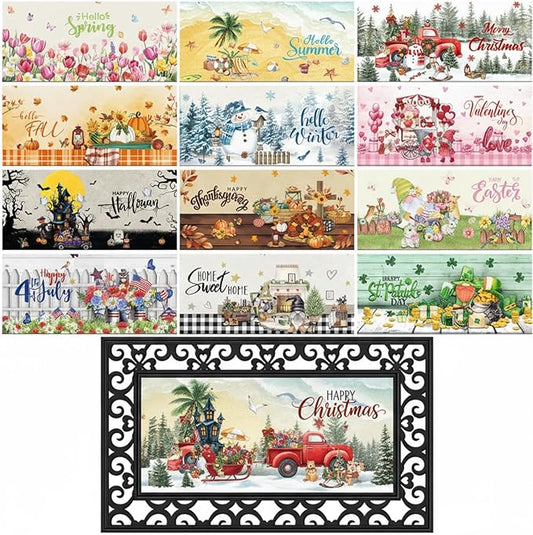 Nuanchu 12 Pcs Seasonal Door Mat Interchangeable Doormat Inserts Entrance Welcome Mats 22 x 10 Inches Non Slip Mats Gifts for Front Door Christmas Thanksgiving Decoration (No Frame)(Vivid)