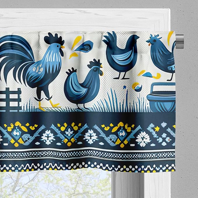 Ambesonne Farmhouse Window Valance Pack of 2, Modern Scandinavian Floral Ornate Barn Scenario Roosters Sunflowers, Rod Pocket Curtain Valances Kitchen Bedroom, 54" X 12",Blue Yellow