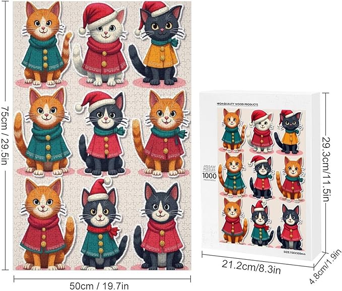 Wooden Puzzle 1000 Pieces Adult - Christmas Cat Puzzle Christmas Puzzles, Holiday Puzzles, Family Toys, Party Games, Jigsaw Puzzle Challenge and Funny