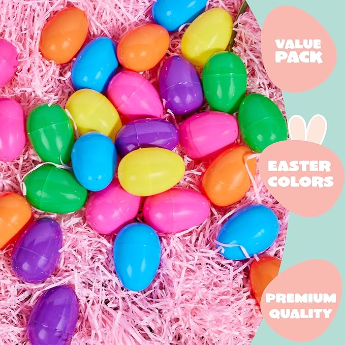 JOYIN 36 PCS 3.15" Easter Eggs with Hanging Ribbon, Colorful Plastic Eggs Empty Fillable, Bright Eggshells for Easter Hunt, Basket Stuffers, Hanging Tree Decor, Party Favor Supplies