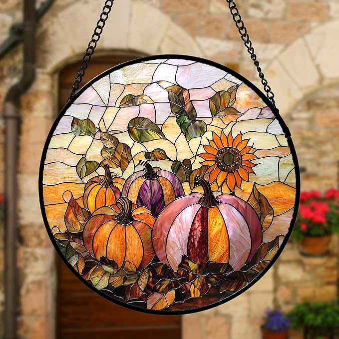 Stained Glass Window Hanging, Pumpkin Sunflower Suncatcher Diamond Glass Panel Sun Catchers Decor for Birthday for Women, Men, Wife, Aunt, and Mom 9.8 in