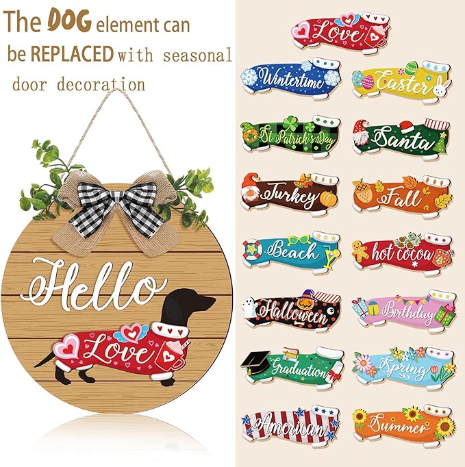 Glenmal 16 Pcs Seasonal Dachshund Door Decor for All Season and Holiday Hanging Cute Christmas Dachshund Welcome Sign Rustic Wooden Farmhouse Front Door Signs Outdoor(Brown)