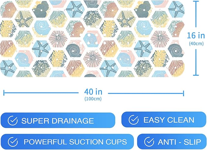 Starfish Bathtub Mat Non Slip for Kids 40x16in Extra Long Anti Slip Geometry Bath Mat for Tub Abstract Bath Shower Mat with Large Drain Holes and Suction Cups Quality Honeycomb Design Bathroom Decor