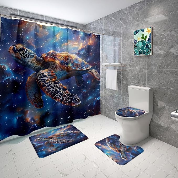 Sea Turtle Shower Curtain - 4 Pcs Kids Bathroom Set Under The Sea Shower Curtain Turtle Shower Curtains for Bathroom Sea Turtle Themed Bathroom Decor with Rug,Toilet Cover and Bath Mat with 12 Hooks