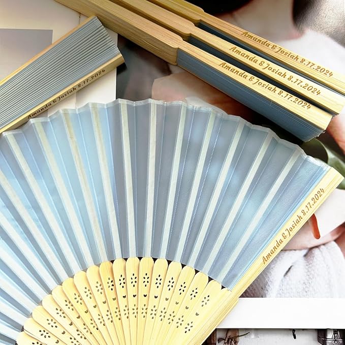 Personalized Engraved Silk Fans Folding Hand Fans 10 Pcs, Light Blue Summer Wedding Fans, Custom Imitated Silk-Bamboo Fans for Guests Wedding Party Favor Bridal Shower Gifts Party Decoration