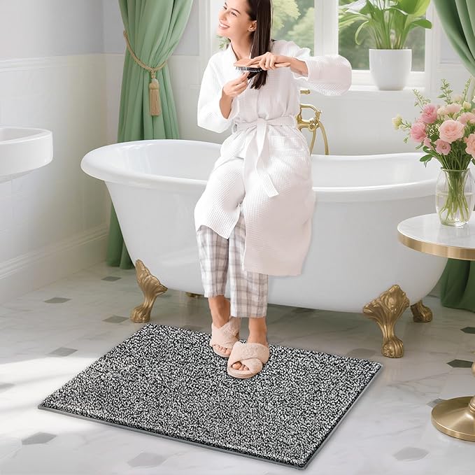 HDFK Bathroom Rugs | Non Slip Washable Bath Mats 30x20 Inches 2 Tone Chenille Medium Pile Floor Mat | Water Absorbent Grey and White Decor | Shower Rug for Shower Wet Dry Zone & Home