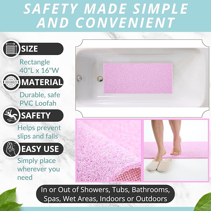 Non Slip Bathtub Mat Shower Mat for Tub - Loofah Bath Mats for Bathroom - 40x16 Bathtub Floor Mat - Textured Anti Slip Bath Mat Without Suction Cups - Secure Mat for Wet Areas (40x16 Pink)