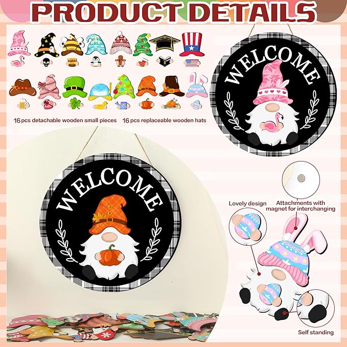 Seasonal Gnome Wall Decor Set, 11.8 inch Thanksgiving Wooden Round Sign with Interchangeable Holiday Hats, Autumn Welcome Door Hanging (Black-3)