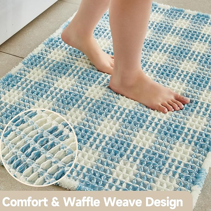 Waffle Bath Mat, Boho Bathroom Rugs Non Slip Washable Absorbent Checkered Bathroom Mat Quick Dry Cute Bath Mat, 36"x24" Blue and White
