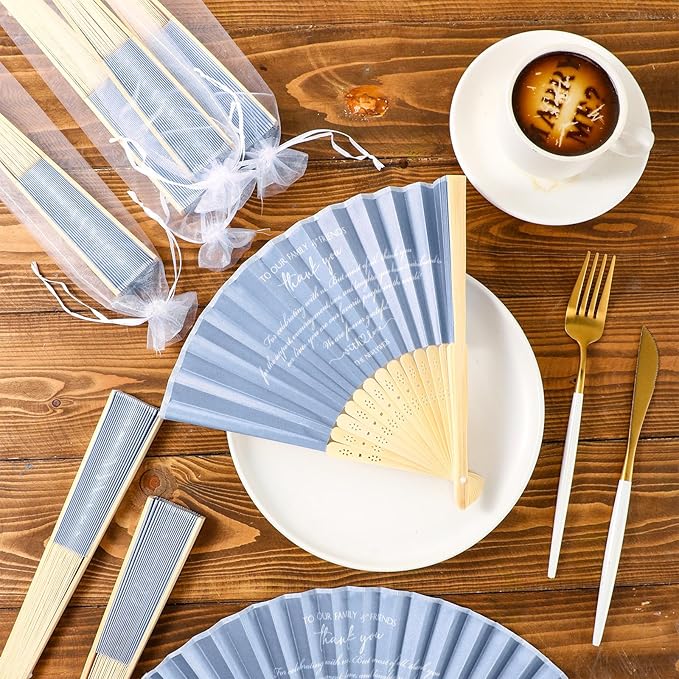 Menkxi 30 Pcs Silk Fabric Folding Fans Bulk for Wedding Guests Thank You Bamboo Folded Hand Fan for Bridal Shower Decoration Favor Vintage Handheld Fans Souvenirs with Organza Bag (Haze Blue,Classic)