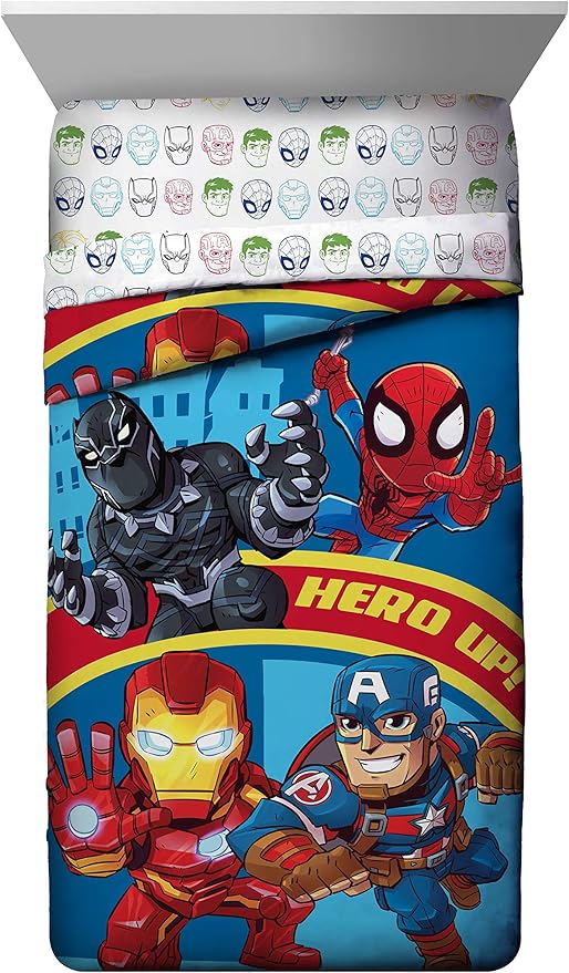 Jay Franco Marvel Super Hero Adventures Double Team 4 Piece Toddler Bed Set Super Soft Microfiber Bed Set-Bedding Features Captain America,Spiderman, Iron Man & Black Panther Official Marvel Product
