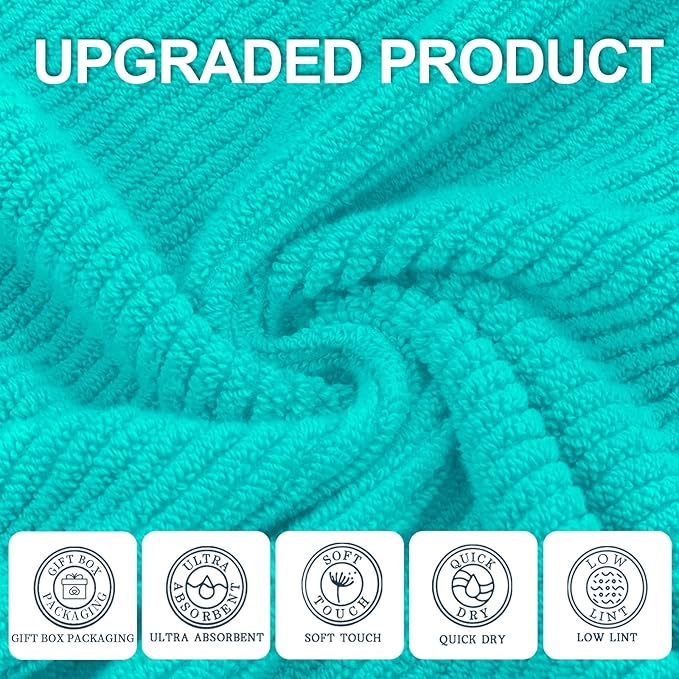 Turquoise Bath Towels (4PC Large, 30"x56") - 100% Cotton | Quick Dry | Light Weight | Thick | Soft | Absorbent, Luxury Shower Towels with Hanging Loops, Towel Gift Set, Turquoise Bathroom Accessories