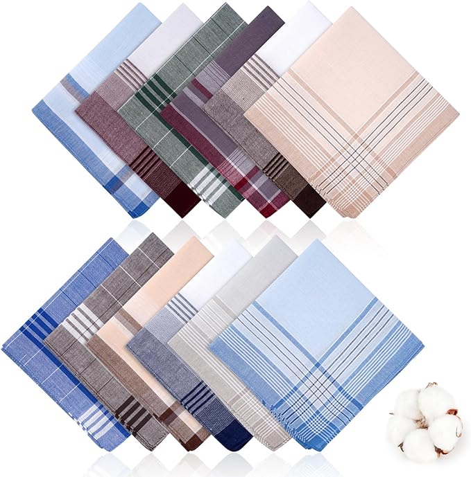 12 Pcs Handkerchiefs for Men, 100% Soft Cotton Hankies with Check, Classic Reusable Men's Handkerchiefs, 16x16 Inch Pocket Hanky
