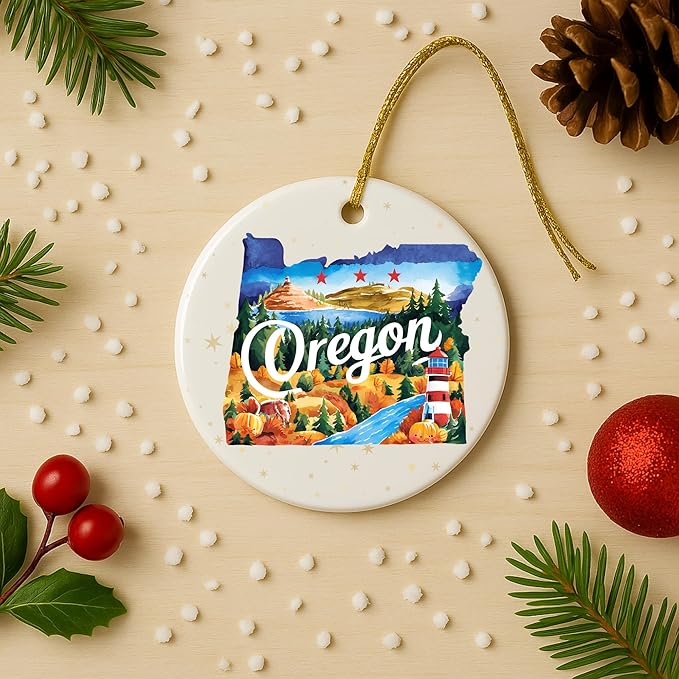 USA State Landmark Ceramic Ornament – Round Glossy Christmas Decoration Featuring U.S. State Art, Landmarks & Holiday Scenery – Collectible Travel Souvenir Ornament Series (Oregon)