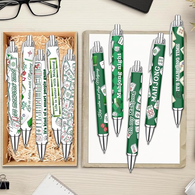 Idealmuzik Mahjong Theme Ballpoint Pens Set of 10 – Classic Tile Inspired Design with Smooth Black Ink – Fun Writing Pens for Office, Home, Game Night Gifts, Party Favors, and Everyday Use