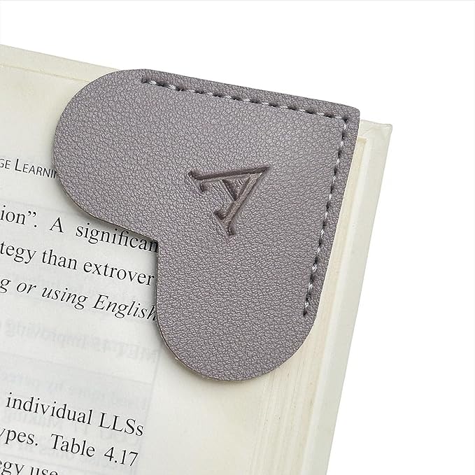 MOTEERLLU Personalized Leather Heart Bookmark with Initial, Cute Letters Custom Corner Book Mark for Reading Women, Teacher, Student, Book Lovers Gifts, Book Accessories (Grey, A)